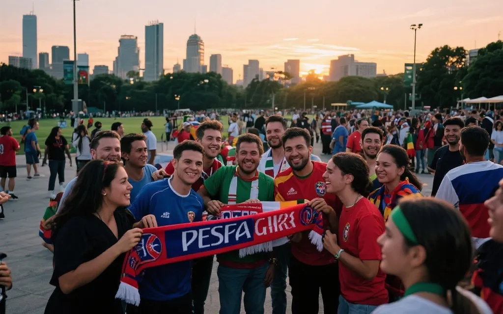 球迷公园里不同国家球迷互相合影、交换围巾、气氛友好，夕阳下的城市广场